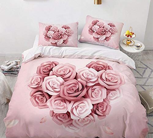 Housse de Couette 220 x240 Coeur de Fleur 3D Imprime Parure de Lit en Microfibre avec 2 Taies D'oreillers 65x65cm Non Décoloration