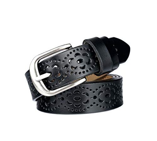 Lalafancy Ceinture Vintage Véritable en cuir de vachette pour femme Mode Creuse Fleur Design Ceinture pour femme avec boucle en alliage pour Jean (Noir)