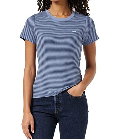 Levi's SS Rib Baby Tee BL T-Shirt, Pecan Stripe Country Blue, L Femme