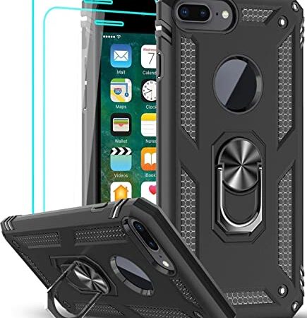 LeYi pour Coque iPhone 8 Plus/7 Plus, Coque iphone 6 Plus/6s Plus avec 2 Verre Trempé, Anneau Support Militaire Anti-Chute Renforcée Bumper Antichoc TPU Souple et PC Rigide Protection Etui Noir