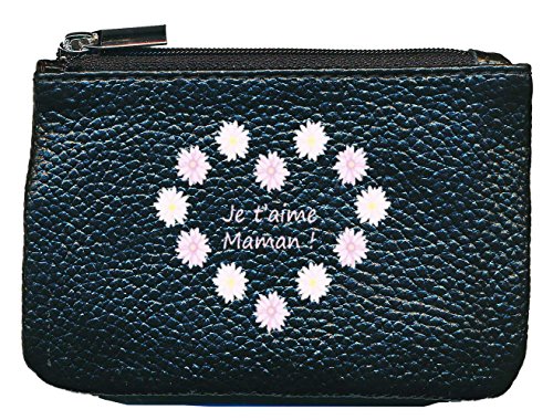 Petit Porte Monnaie en Cuir Porte cles Noir Maman Je t'aime Fete des Meres