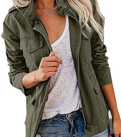 Tomwell Veste Femme Militaire Blouson Parka pour Femme Mi-Saison Manteau Court Casual Zipper Jacket Poches Utility Jacket Automne Hiver Veste Manteau Outwear A Armée Verte XXL