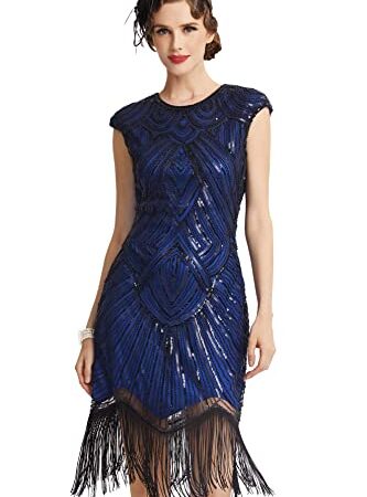 BABEYOND Robe Flapper 1920 Femme Robe Frangée avec Paillette Robe Perlée Gatsby sans Manche pour Occasion de Fête Bal Soirée Art Déco Tango Latine - Bleu - Taille S /UK 8-10/EU 36-38