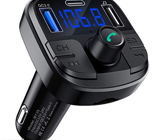 Clydek Bluetooth 5.0 FM Transmetteur, Kit Mains-Libres pour Voiture avec Port USB QC3.0, Adaptateur Audio pour Voiture Support pour Lecteur MP3 Carte U Disque TF avec lumière colorée