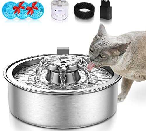 Deyooxi Fontaine a Eau Chat 2L Automatique Fontaine à Eau pour Chat et Petit Chien en Acier Inoxydable Silencieuse avec 3 Filtre à Charbon Actif