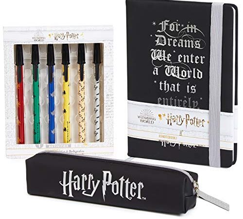 HARRY POTTER Carnet de Notes et Trousse Scolaire, Kits de Fournitures Scolaires avec Notebook A5, Trousse Kawaii et Lot de 6 Stylos Fantaisie Fille Garçon, Papeterie Originale Enfant Ado