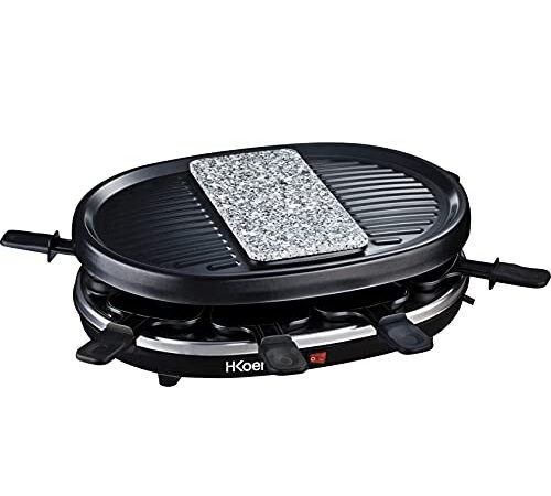 H.Koenig RP80 Appareil à raclette Multifonction 8 personnes Professionnel, Pierre Granit, Grill, Cuisine Fromage Fondue, Accessoires 8 poêlons antiadhésifs, Plaque amovible Facile à Nettoyer