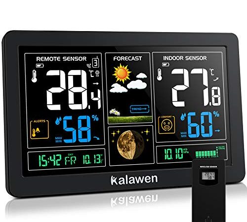 Kalawen DCFStation Météo avec Intérieure Extérieure Capteur sans Fil,Thermomètre Hygromètre Baromètre Phase de la Lune 9-in-1 Numériques Écran LCD Coloré avec Réveil Snooze Météo Température Prévision