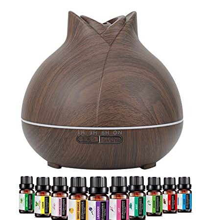 LAVETER Diffuseur d'huiles essentielles 500ml avec 10 flacons d'huiles essentielles parfumées. 3 Modes de Fonctionnement, 7 Effets de lumière ambiante, Fonctionnement Silencieux.