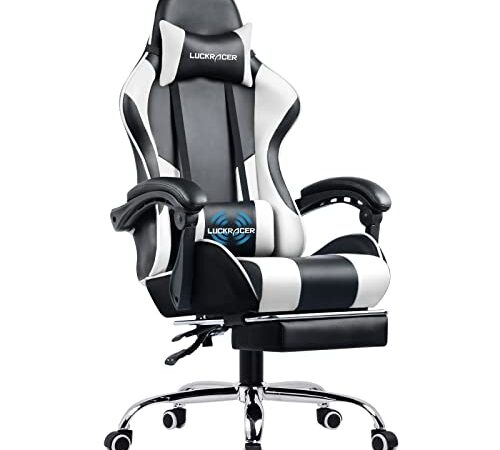 LUCKRACER Chaise Gaming Repose Pieds Coussin Lombaire de Massage Fauteuil de Bureau Ergonomique et Pivotant avec Accoudoirs Synchronisés (Blanc)