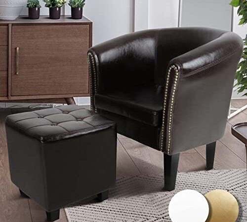 MIADOMODO® Fauteuil Chesterfield avec Repose-Pied - en Simili Cuir, avec Éléments Décoratifs en Cuivre, Couleur au Choix - Chaise, Cabriolet, Tabouret Pouf, Meuble de Salon (Marron)