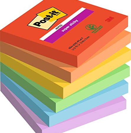 Notes Post-it Super Sticky, Couleurs Playful, 76 mm x 76 mm, 90 feuilles/bloc, 6 blocs/paquet