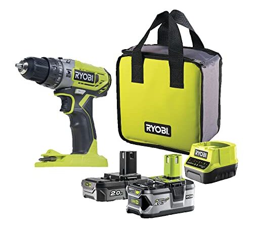 RYOBI - Perceuse-Visseuse à Percussion 18V ONE+ - 2 Vitesses - Livrée avec 1 Batterie Lithium+ 2,0Ah et 1 Batterie Lithium+ 4,0Ah, 1 Chargeur et 1 Sac de Rangement - R18PD2-242S