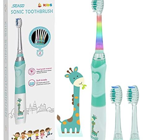 Seago Enfants Brosse à dents électrique pour 3-12 Ans avec Minuterie Intelligente et Lampes à LED de Couleur et 3 Sonique Têtes de Brosse pour junior garçons et filles SGEK6/SG977 (Vert)