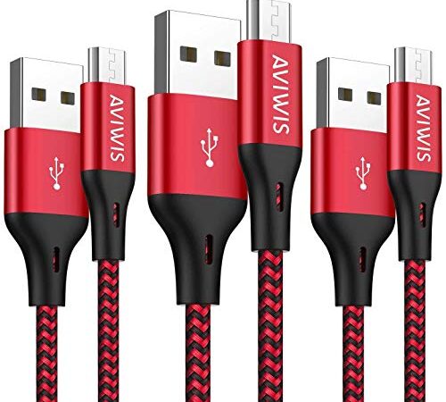 AVIWIS Câble Micro USB [2M Lot de 3] Chargeur Micro USB Charge Rapide Câble USB en Nylon Tressé Compatible pour Samsung S7 S6 Edge J3 J5 J7, Redmi Note 5 6 Pro, Wiko, Huawei, Kindle - Rouge