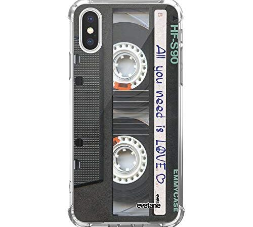 Evetane Coque Compatible avec iPhone X/XS Silicone Coins antichocs Solide Protection complète Resistant Transparente Cassette Motif Ecriture Tendance