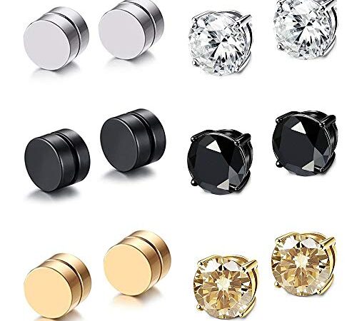 Fu You 6 Paires Acier Inoxydable Boucles d'oreilles Magnétique Homme Femme Boucle d Oreille Aimant sans Trou Fausse Boucle d'oreille Clip Non Piercing Diamant Zirconium Ronde Clou Argent Or Noir 8MM