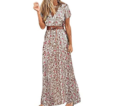 Générique Robe Eté Femme Bohème Chic Vintage Col V Manches Courtes Robe Longue Casual Imprimé Fleurie Maxi Robe Mode Robe De Plage Soirée, Rouge, L