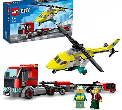 LEGO 60343 City Great Vehicles Le Transport de L’Hélicoptère de Secours, Jouet de Camion, avec Minifigurines, Cadeau pour Les Garçons et Filles 5 Ans