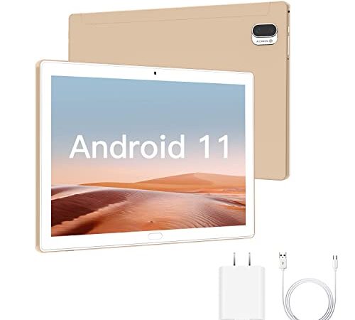 Tablette Tactile 10 Pouces, Android 11.0 Tablettes avec WiFi, 4 Cœurs 1.8 GHz, 4Go RAM + 64Go ROM/TF-256 Go, Double Caméra, Bluetooth, 6000mAh, Type-C