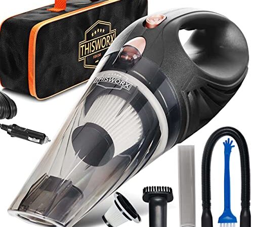 ThisWorx Aspirateur Voiture Puissant - Mini Aspirateur à Main 110W, 12V avec 3 Embouts et Sac de Transport, Cordon 5 m, Accessoire Voiture - Noir