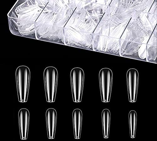 500 Pièces 10 tailles différentes Cercueil faux ongles et capsules Acrylique pour nail art long Artificiel Ongles avec boîte transparente