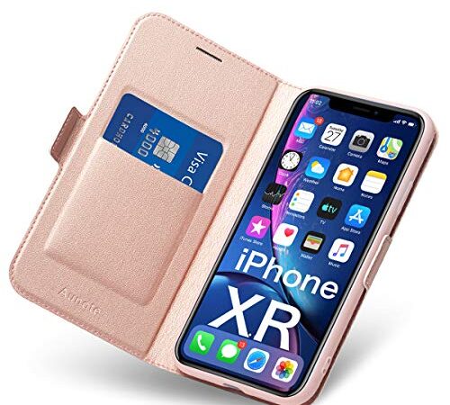 Aunote Coque iPhone XR, Housse Protection Etui iPhone XR Portefeuille Flip en Cuir,Apple iPhone XR Rabat Pochette, Clapet Emplacement Carte, Folio i Phone 10R Cover Magnétique Case, Or Rose