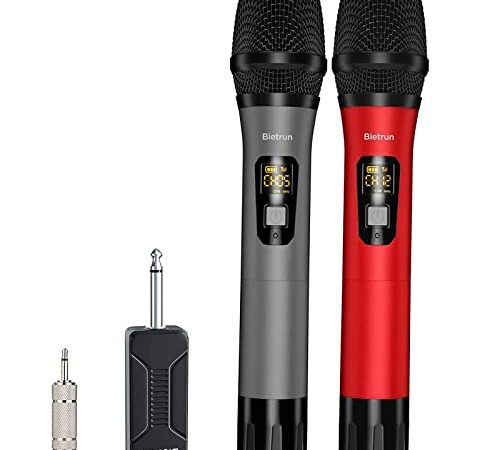 Bietrun Micro sans Fil Professionnel 50M, UHF Micro Karaoke Gris + Rouge