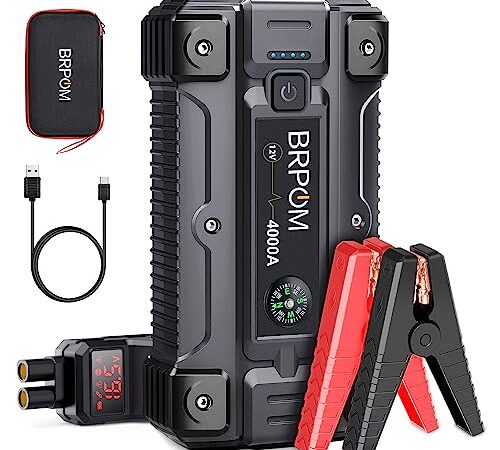 BRPOM Booster Batterie 4000A 26800mAh Jump Starter Portable (Jusqu’à 10L Diesel ou All Gas) Démarrage de Voiture 12V avec Pinces de Sûreté Intelligentes Câble de Type-C 12 Mois en Veille (4000A)