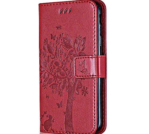 Coque pour Huawei Honor 8S / Huawei Y5 2019, Conber Etui en Cuir PU Portefeuille, Antichoc Flip Case Housse Rétro Emboss Série de Chat et d'arbre pour Huawei Honor 8S / Huawei Y5 2019 - Rouge