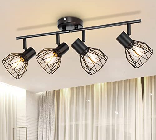 Dehobo Plafonnier Industriel Spots et Rails de Spots Noir, Rampe Spot avec Douille E14, Barre de Spot 40W sans Ampoules, Plafonnier 4 Spots LED Orientable pour Interieur Cuisine Chambre Salon