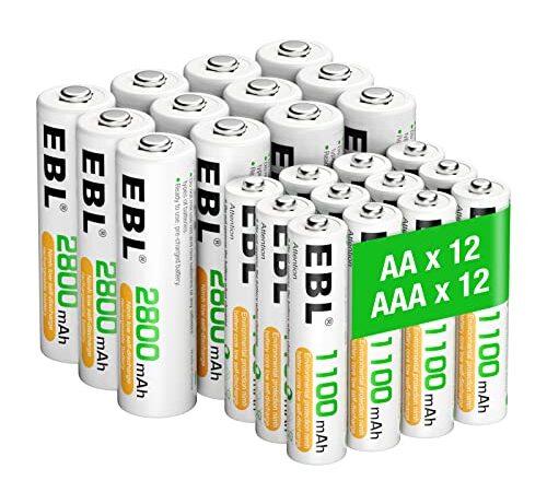 EBL 24PCS AA et AAA Piles Rechargeables, avec 12PCS AA Piles Rechargeables 2800mAh et 12PCS AAA 1100mAh NIMH 1.2V, Auto-decharge Faible