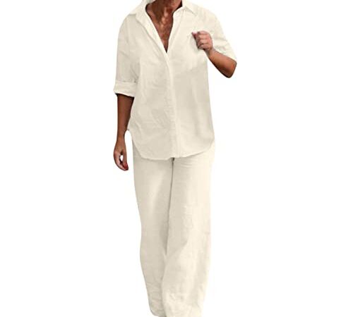 Ensemble Femme Chic Et Elegant Coton et Lin Pantalon + Chemise Haut Manche Longue Ete Automne Fluide Ample 2 Pieces Costume Décontracté Loungewear Set Casual Outfit Survêtement Suit Pas Cher