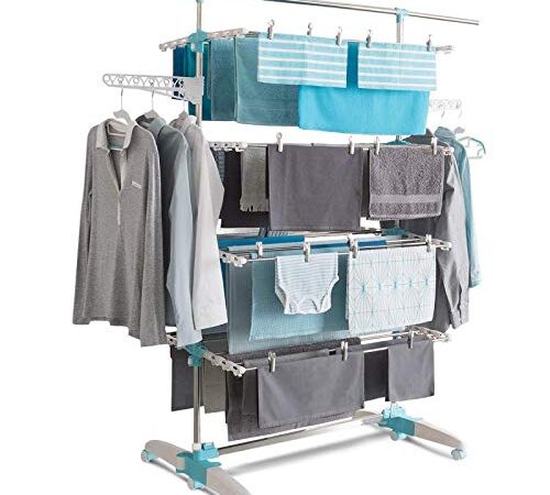 IDMarket - Séchoir à Linge Blanc/Bleu 4 Niveaux réglables XXL + Barre télescopique