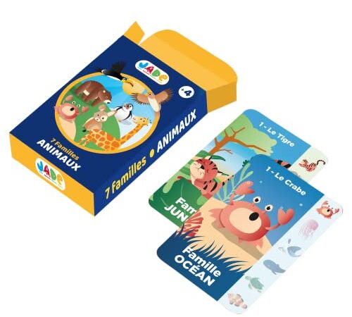 J.A.D.E - Jeu de 7 Familles Sur le Theme Des Animaux - Jeu de Cartes - 142121 - 54 Cartes - Multicolore - Cartonné - Design Français - Puzzle Enfant - Jade - À Partir de 4 ans