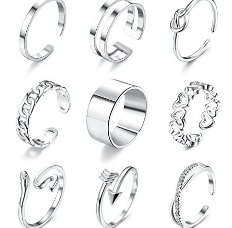 JeweBella 9 Pièces Bague Femme Argent/Or Acier Inoxydable Boho Bague Phalange Minimaliste Empilables Bague Ouvert Ensemble Bijoux Femme