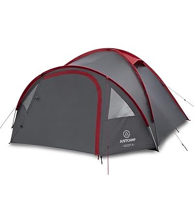 Justcamp Scott Tente Camping 4 Personnes, Tente Igloo, Vestibule, Compartiment de Repos – Grise