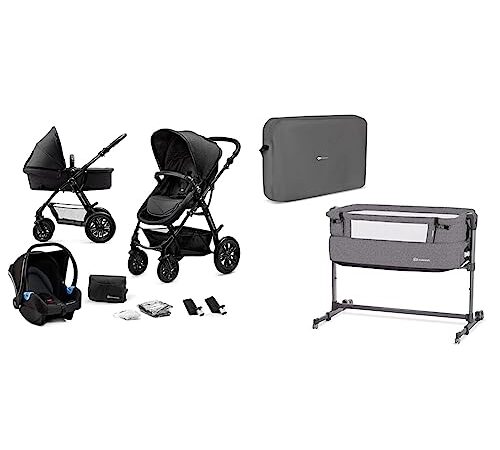 Kinderkraft Poussette 3 en 1 MOOV, Trio, Enfant, Siège Auto, Accessoires, Noir & Lit Cododo Neste UP, 2 en 1, Lit d'Appoint, Lit Parapluie Bébé, Berceaux, Mélange de Gris