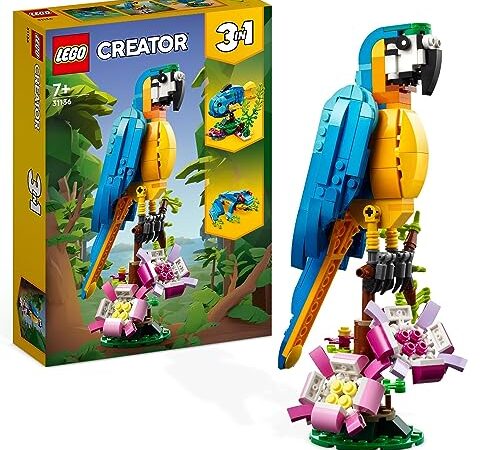 LEGO 31136 Creator 3-en-1 Le Perroquet Exotique, Jouet de Construction, Figurines Animaux de la Jungle, avec Grenouille et Poisson, Jeu Créatif Enfants Dès 7 Ans