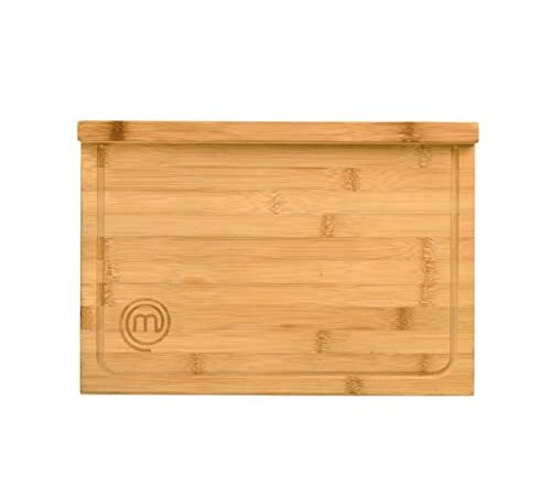 MasterChef Planche à découper en bois, planche de cuisine en bambou, pour viande, jambon, pain, fromage, avec rainure et bord à jus, naturelle, durable, 38,5 L x 26,5 L x 2 H