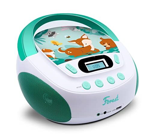 Metronic 477147 Lecteur CD MP3 Forest Enfant avec Port USB et entrée Audio, Sortie Casque Blanc/Vert