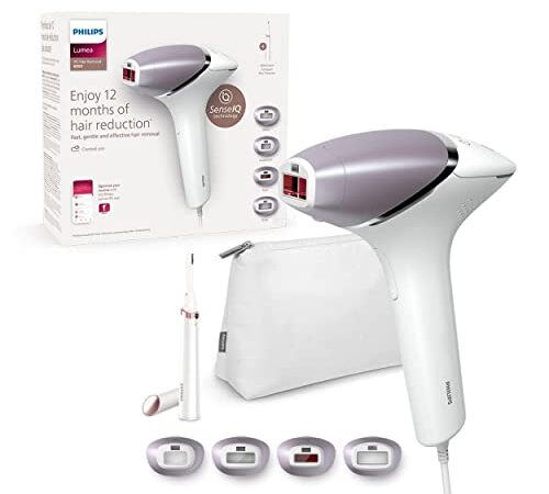 Philips Lumea Épilateur à lumière pulsée Série 8000 - épilateur avec technologie SenseIQ, 4 embouts et tondeuse-stylo Satin Compact, utilisation filaire (modèle BRI949/00)