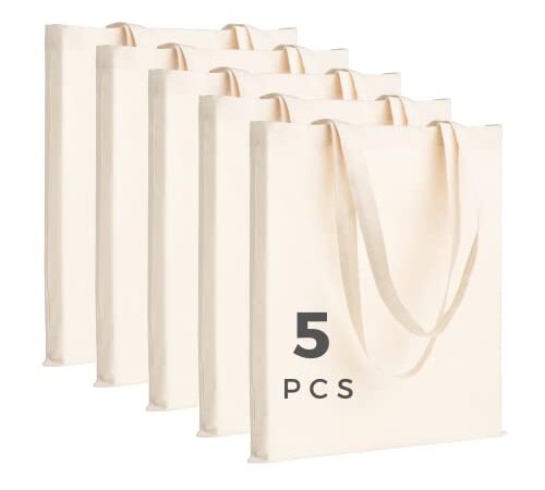 POLHIM® Lot de 5 Tote Bags Vierges 38x42cm Sacs en 100% Coton, Réutilisables pour les Courses, Toile en Tissu Naturel Convient pour le DIY, Publicité, Promotion, Tirage au sort, Cadeaux, Animation