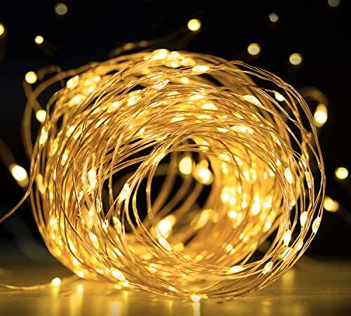 Pupow Guirlandes lumineuses à LED, Guirlandes lumineuses 12M 120 LEDs Girlande de Lumière Extérieur et Intérieur Étanche Decoration Mini LED pour Mariage, Noël, Fête, Jardin, Blanc chaud