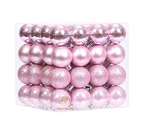 Sea Team Lot de 64 Boules de Noël avec ficelles, Mini Boules de 30 mm, Ampoules de Noël en Plastique incassables, décorations à Suspendre pour Arbre de Noël, Vacances, Mariage, fête, Rose