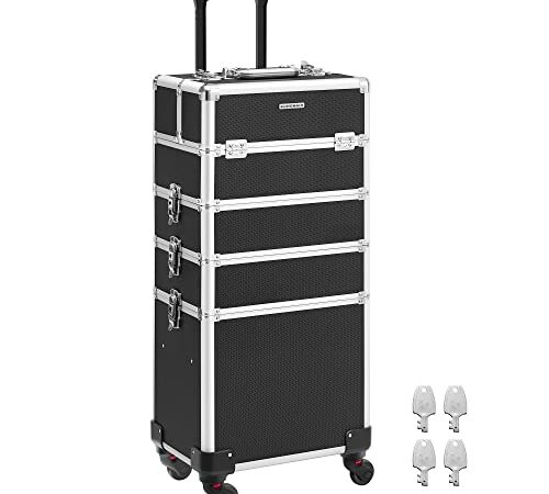 SONGMICS Valise de Maquillage Professionnel 4-en-1, Mallette Cosmétique, XXL, 35 x 25 x 79 cm, Verrouillable, roulettes à 360°, pour Voyages, Manucure, Maquilleur, Coiffure, Noir JHZ11BK