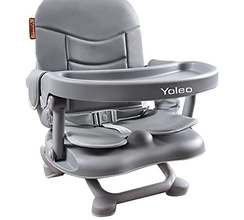 YOLEO Réhausseur Chaise Enfant Pliable Haute Bébé Portable, Siège Bébé, Chaise repas en Hauteur Réglable, Plateau Amovible, 6 mois à 3 ans (Gris avec Coussin)