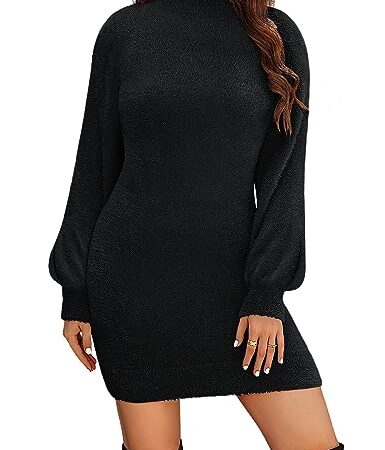 Yuson Girl Robe Pull Femme Robe en Tricot à Manches Longues Elégant Col Roulé Pull Sweater Robe Casual Robe Automne Hiver Tunique Chic Jupe Courte Robe(Noir, XL)