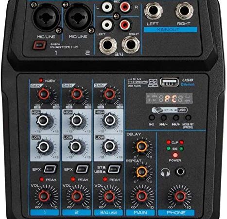 Depusheng U4 Console de mixage audio Bluetooth USB Record Lecture sur ordinateur 48V Phantom Power Delay Répéter effet 4 canaux USB Audio Mixer pour enregistrement PC, bandes