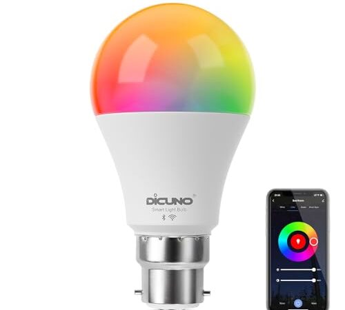 DiCUNO Ampoule Connectée LED, Ampoule WiFi LED Intelligente B22 Compatible avec Alexa et Google Home, Baïonnette 9W Dimmable Multicouleur 2700K-5000K RGBCW, 800LM, Sans Hub Requis, Lot de 1